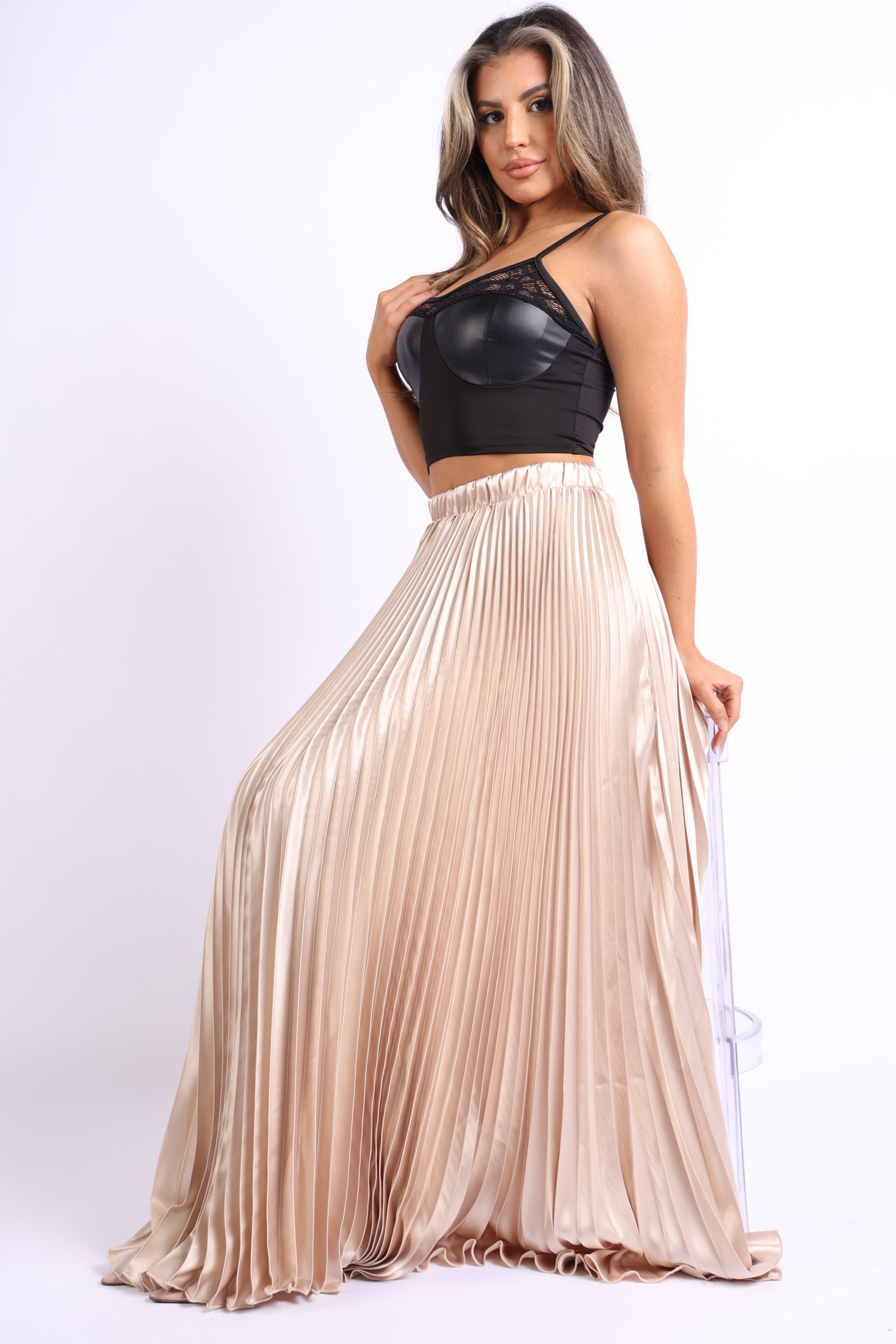 High Waist A-Line Pleated Satin Maxi Skirt