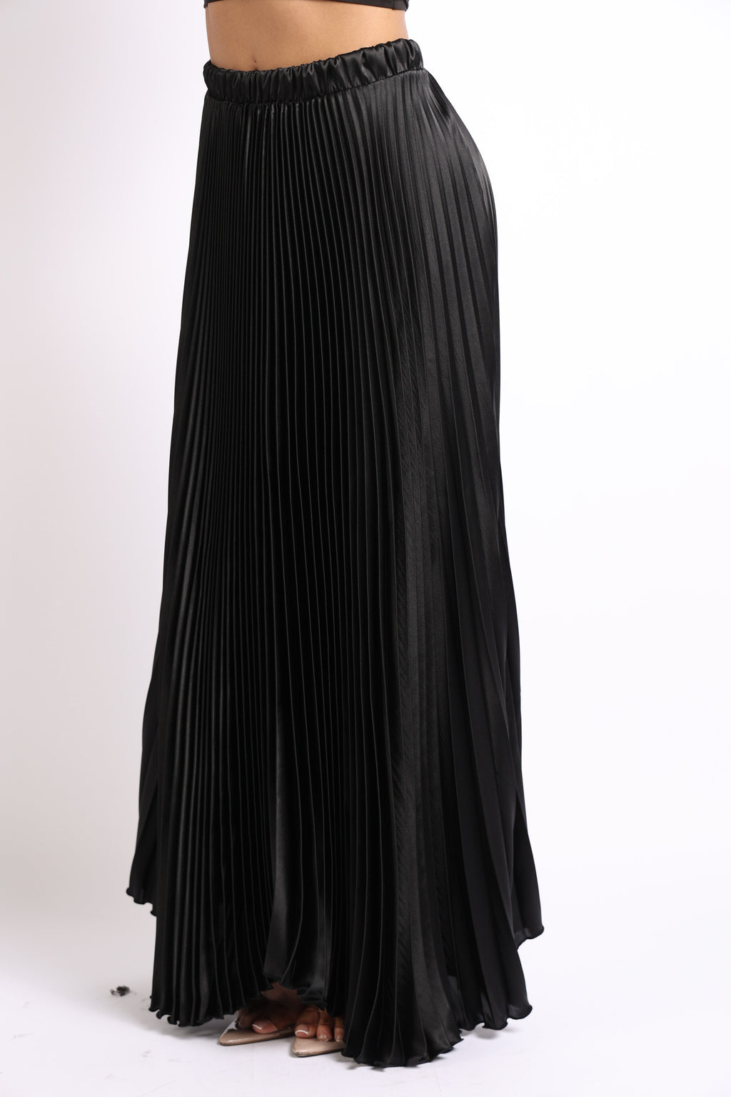 High Waist A-Line Pleated Satin Maxi Skirt