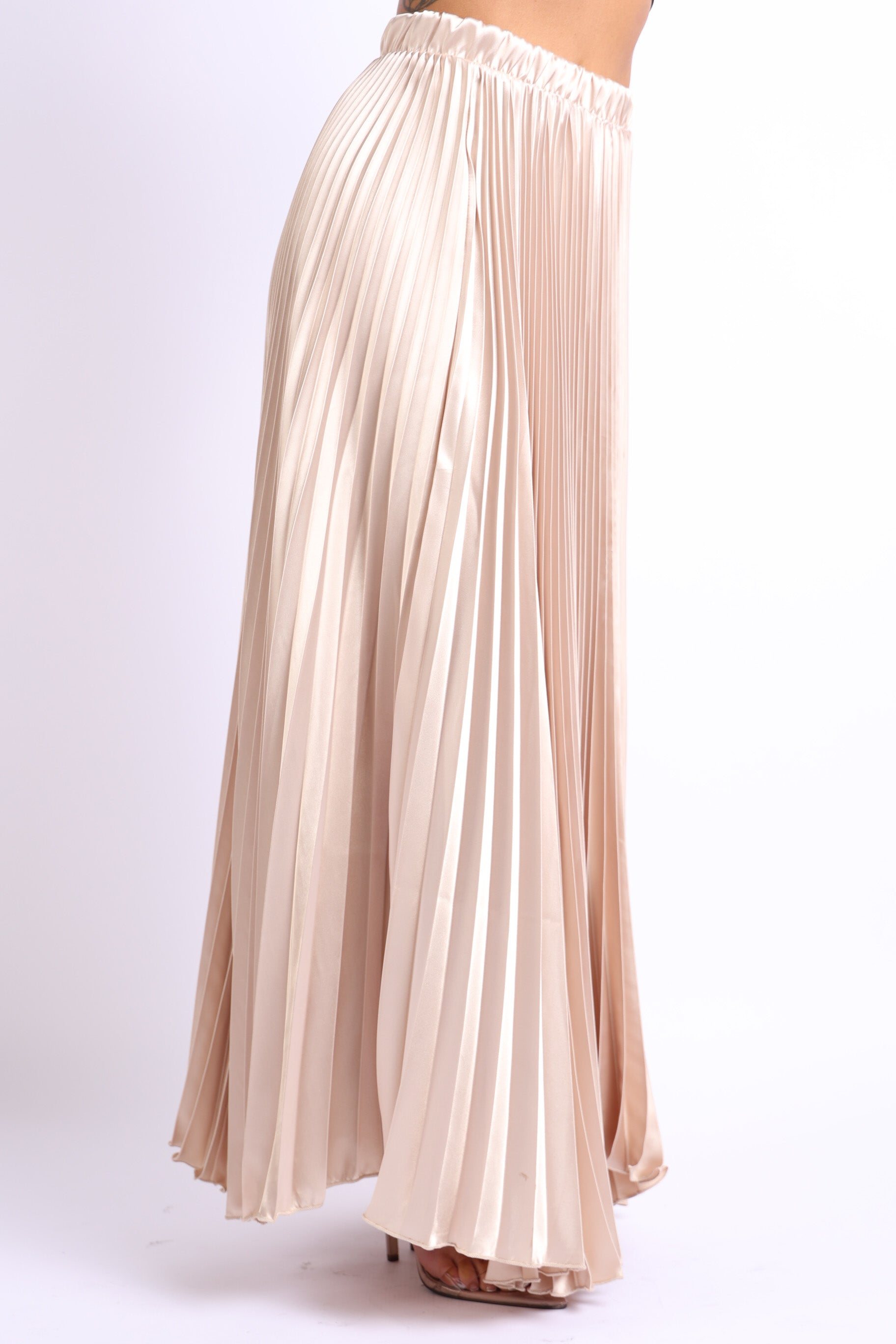 High Waist A-Line Pleated Satin Maxi Skirt