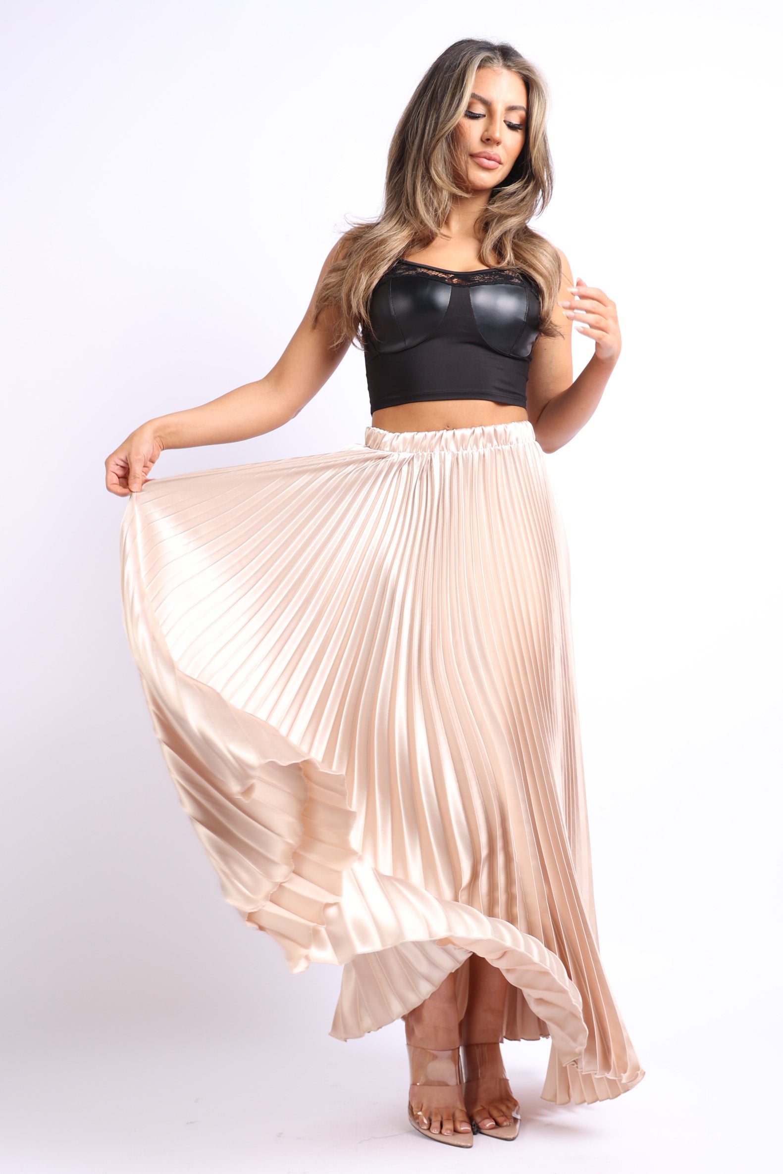 High Waist A-Line Pleated Satin Maxi Skirt