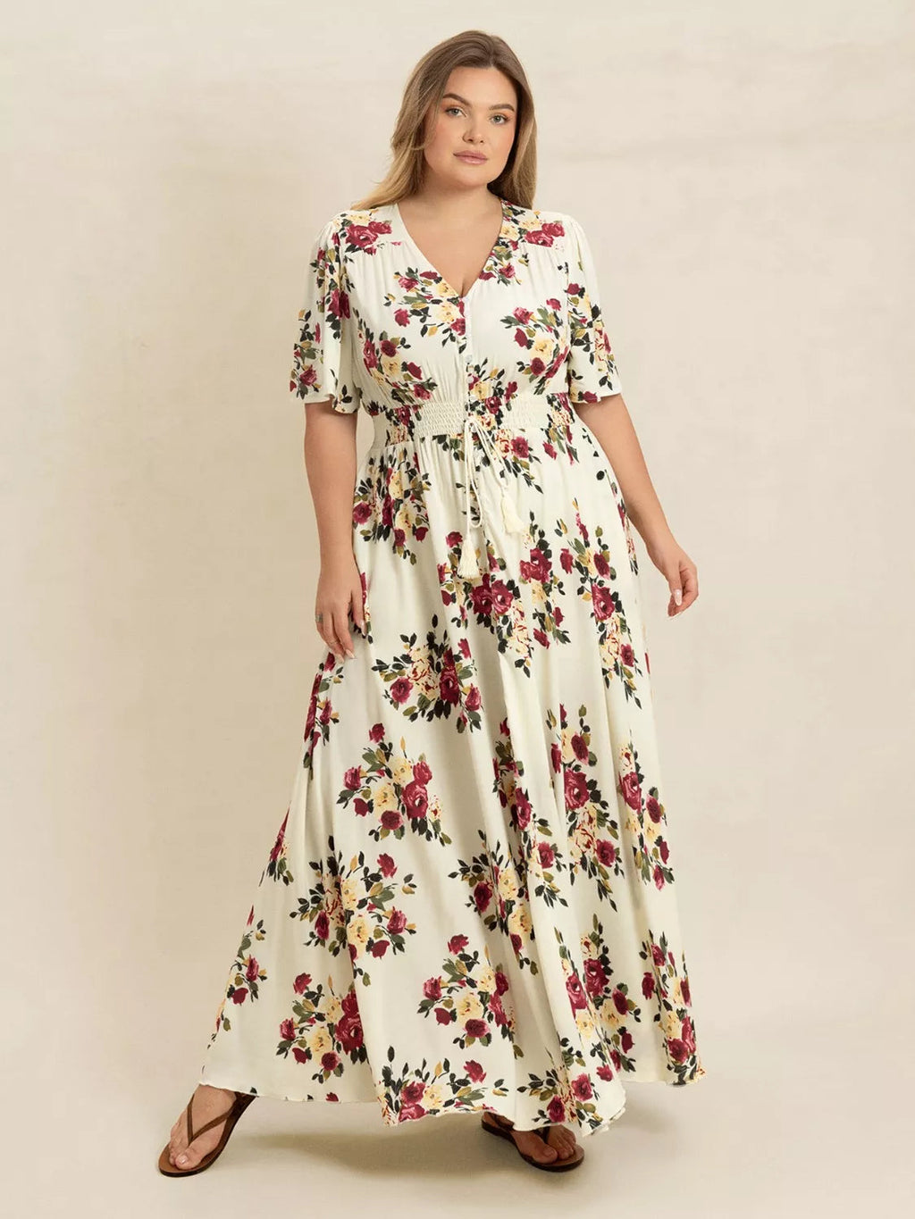 Floral Flutter Sleeve Maxi Dress with Button Front