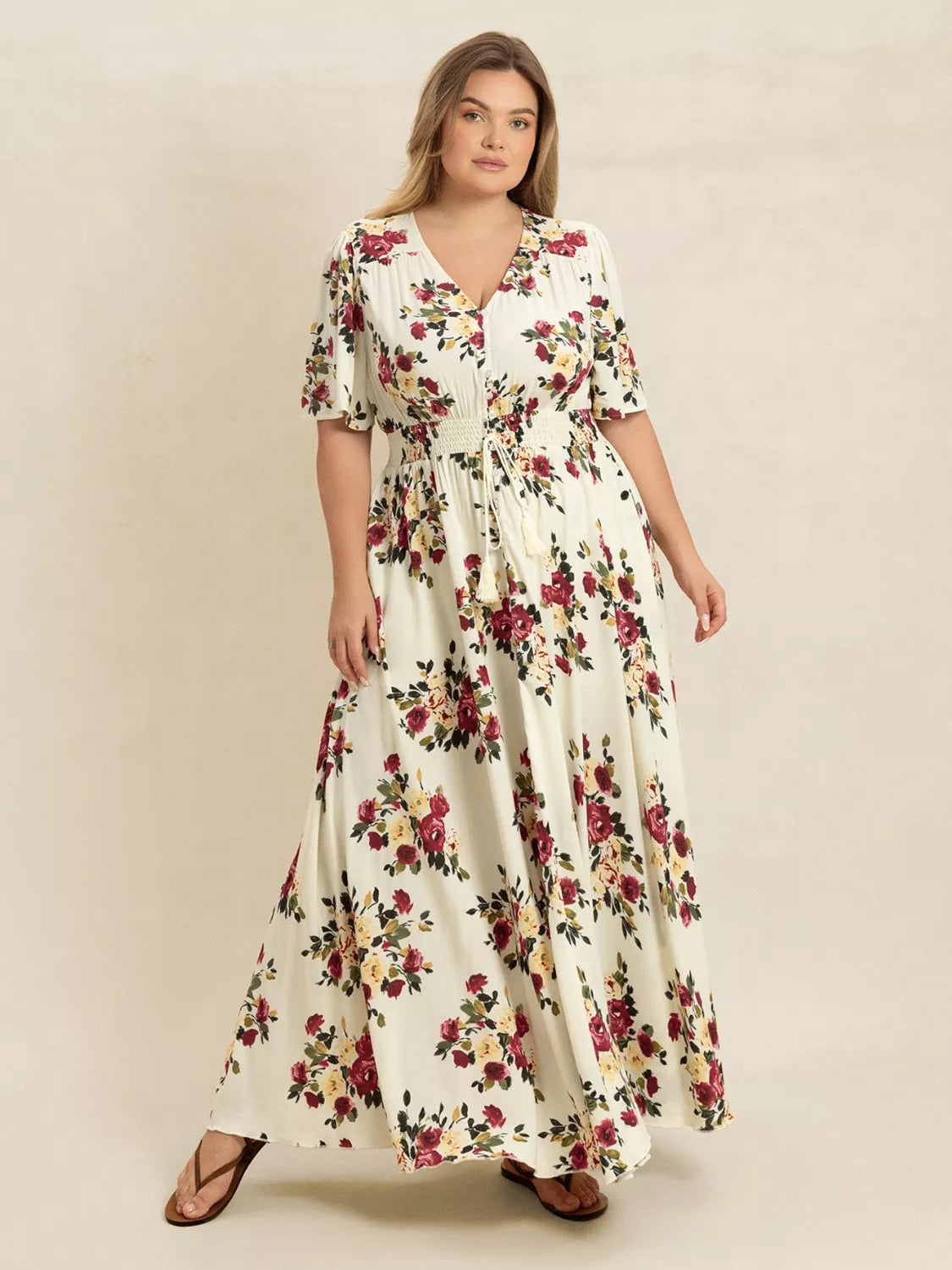 Floral Flutter Sleeve Maxi Dress with Button Front