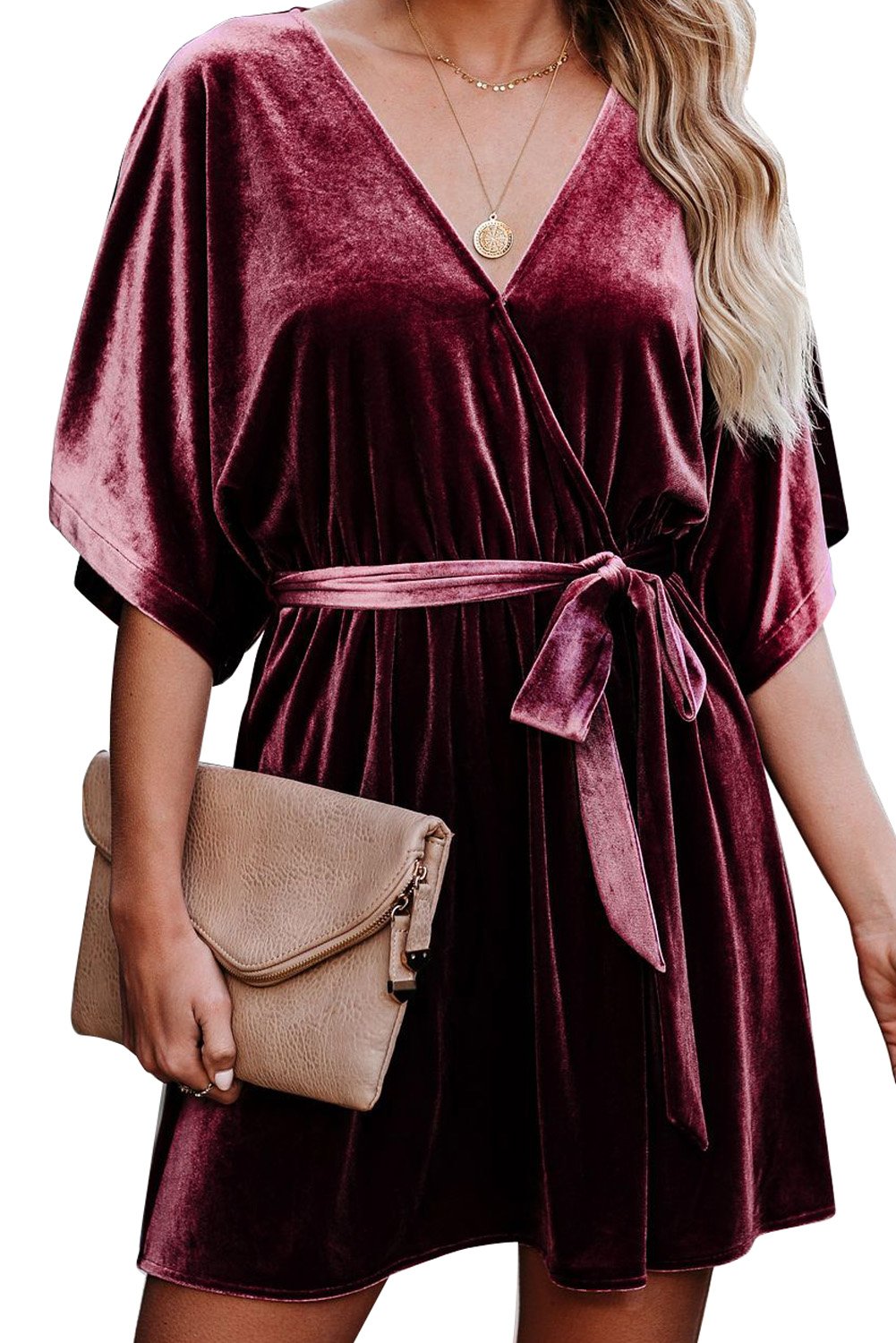 V-neck Half Sleeve Velvet Mini Dress with Belt