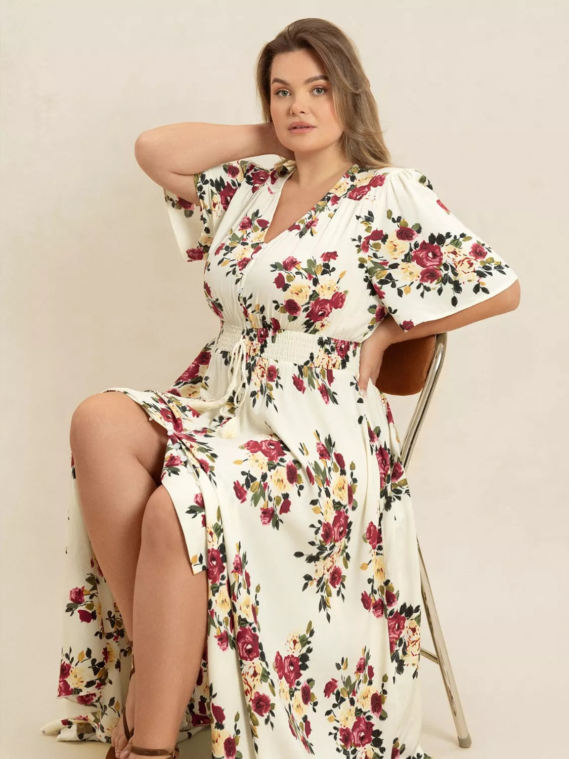 Floral Flutter Sleeve Maxi Dress with Button Front