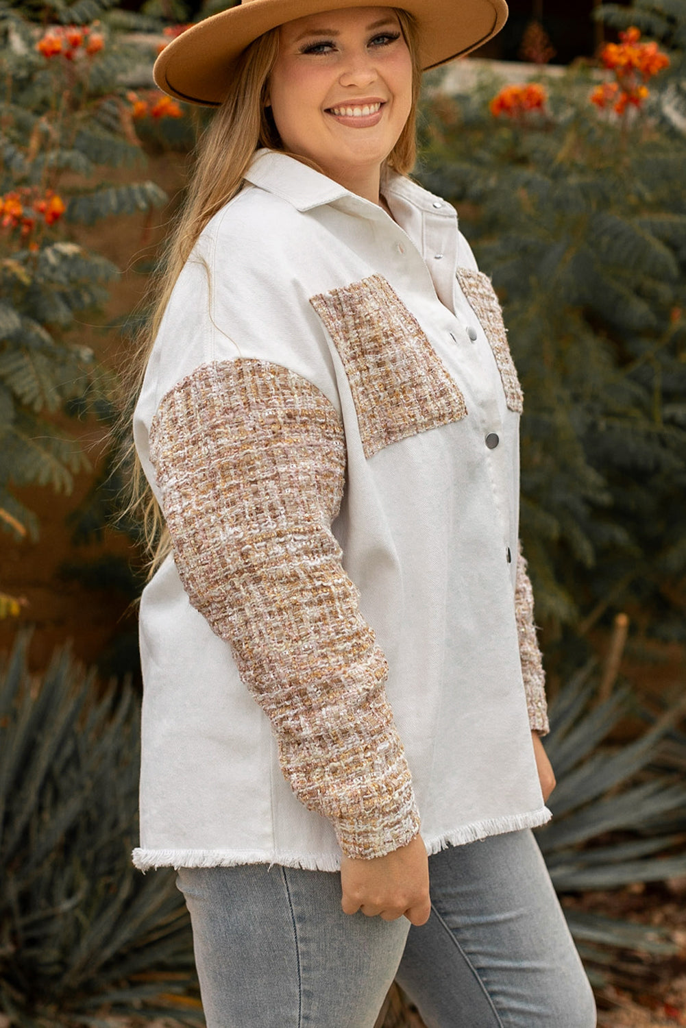 White Tweed Patchwork Raw Hem Jacket