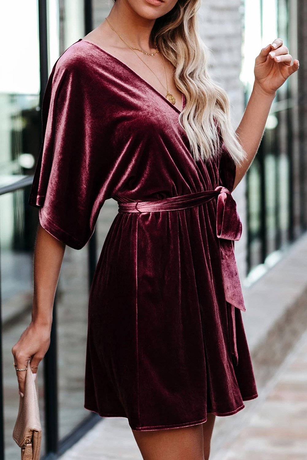 V-neck Half Sleeve Velvet Mini Dress with Belt