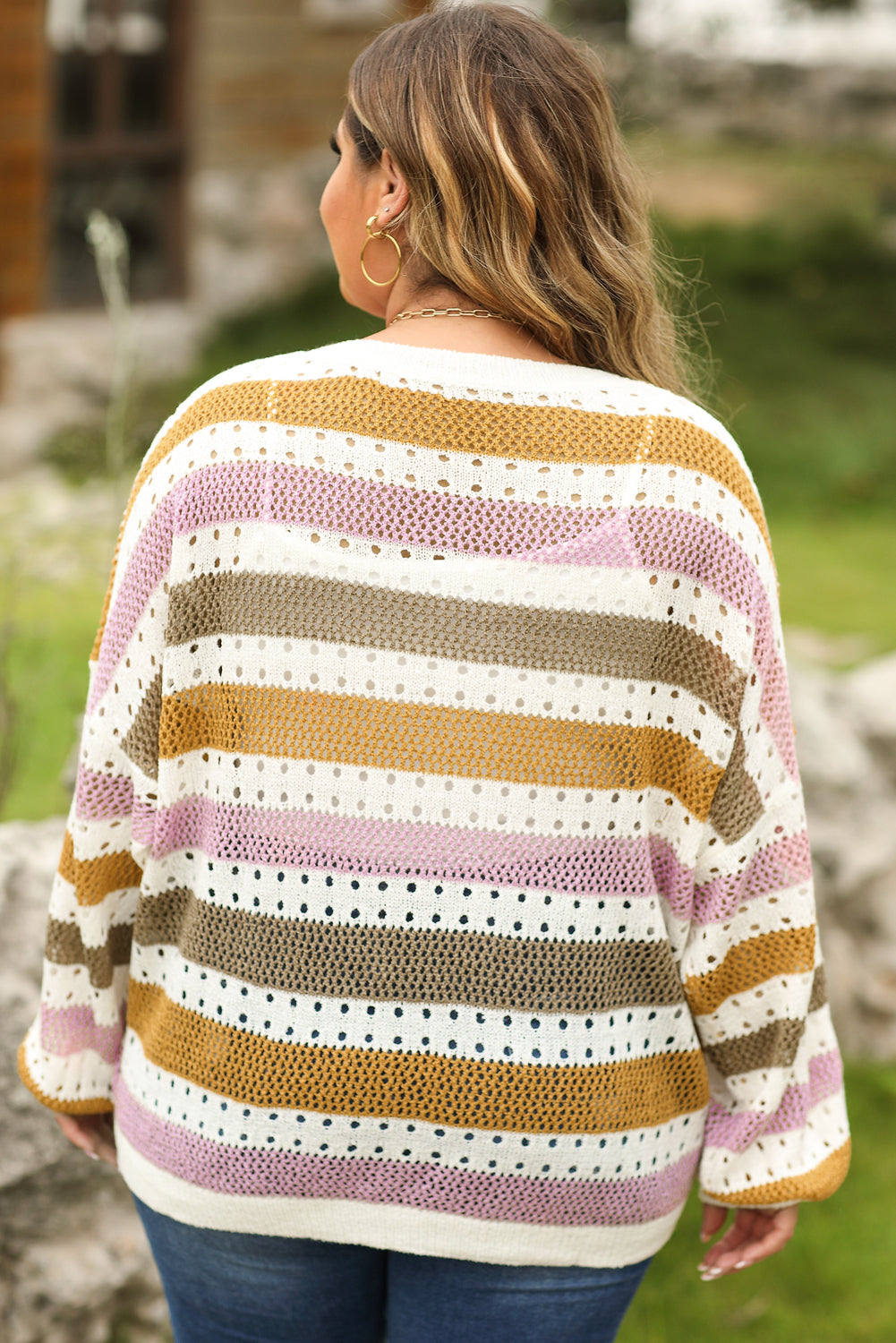 Multicolor Striped Hollowed Knitted Loose Sweater