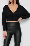 Long Sleeve Ribbed Cross Wrap Crop Top
